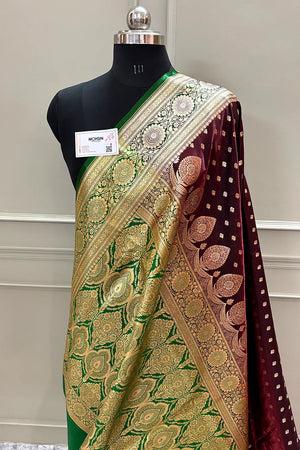 Wine and Green Makkhi Buti Katan Silk Banarasi Saree