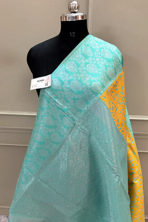 Yellow and Firozi Resham Zari Banarasi Silk Saree