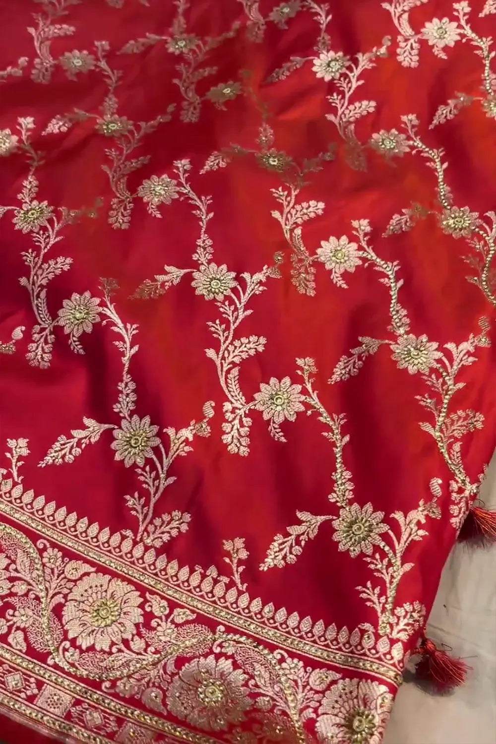 Orange Pink Stone Work Katan Satin Silk Banarasi Saree