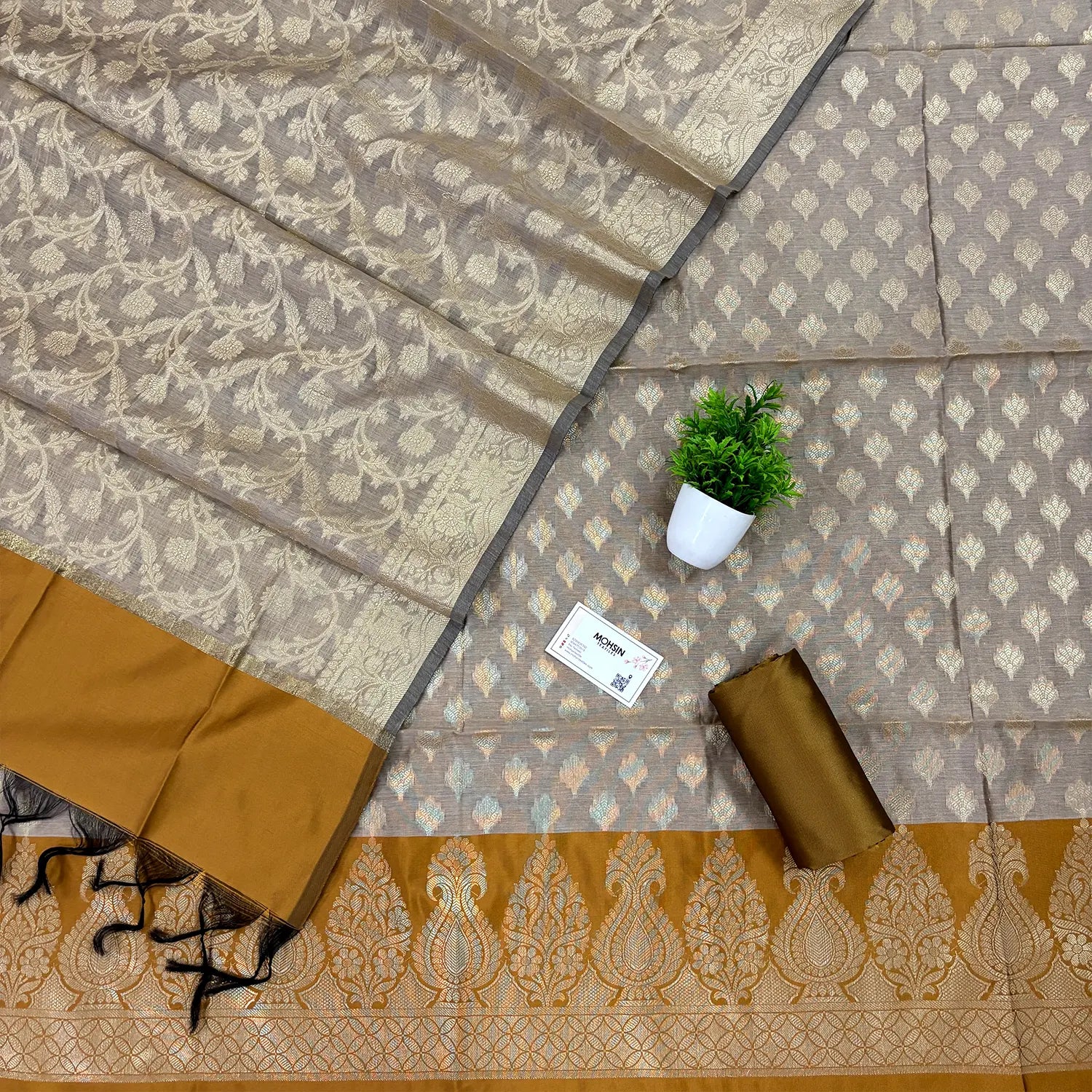 Beige and Mustard Kalgha Patta Banarasi Silk Suit