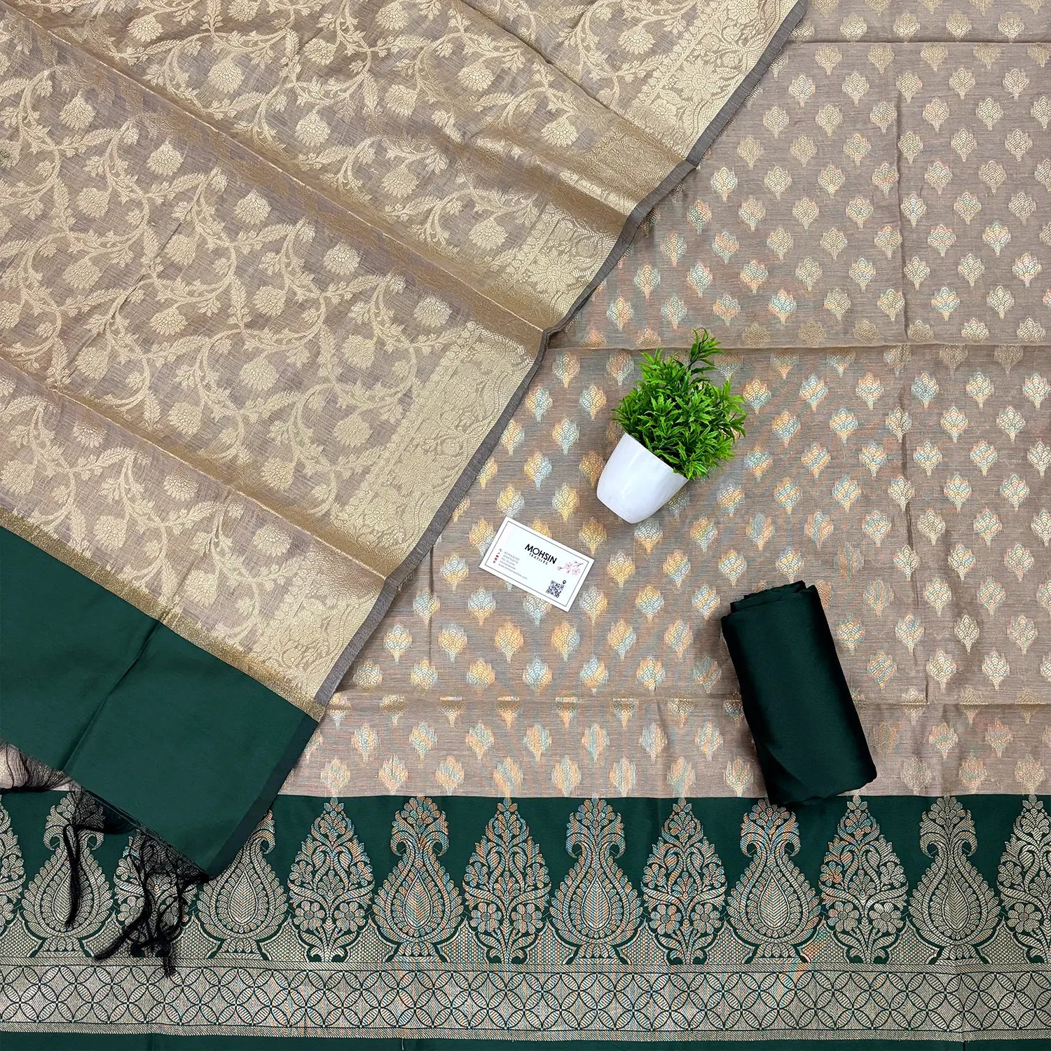 Beige and Bottle Green Kalgha Patta Banarasi Silk Suit
