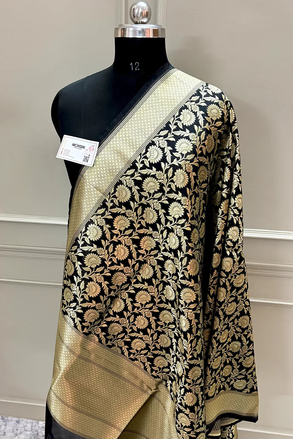Black Golden Zari Katan Silk Banarasi Dupatta