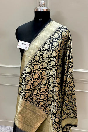 Black Golden Zari Katan Silk Banarasi Dupatta