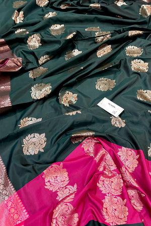 Bottle Green and Pink Golden Zari Banarasi Silk Saree