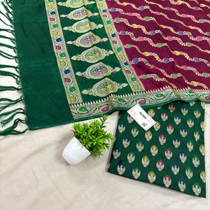 Bottle Green and Wine Golden Zari Katan Silk Banarasi Suit