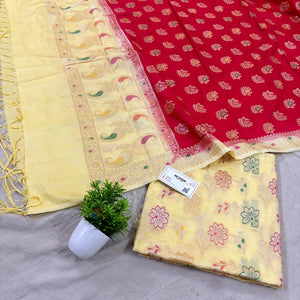 Cream and Red Golden Zari Katan Silk Banarasi Saree