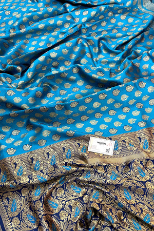 Firozi and Navy Blue Resham Zari Silky Banarasi Saree