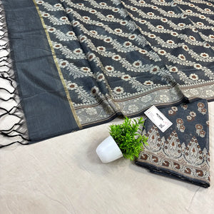 Grey Fan Flower Banarasi Silk Suit