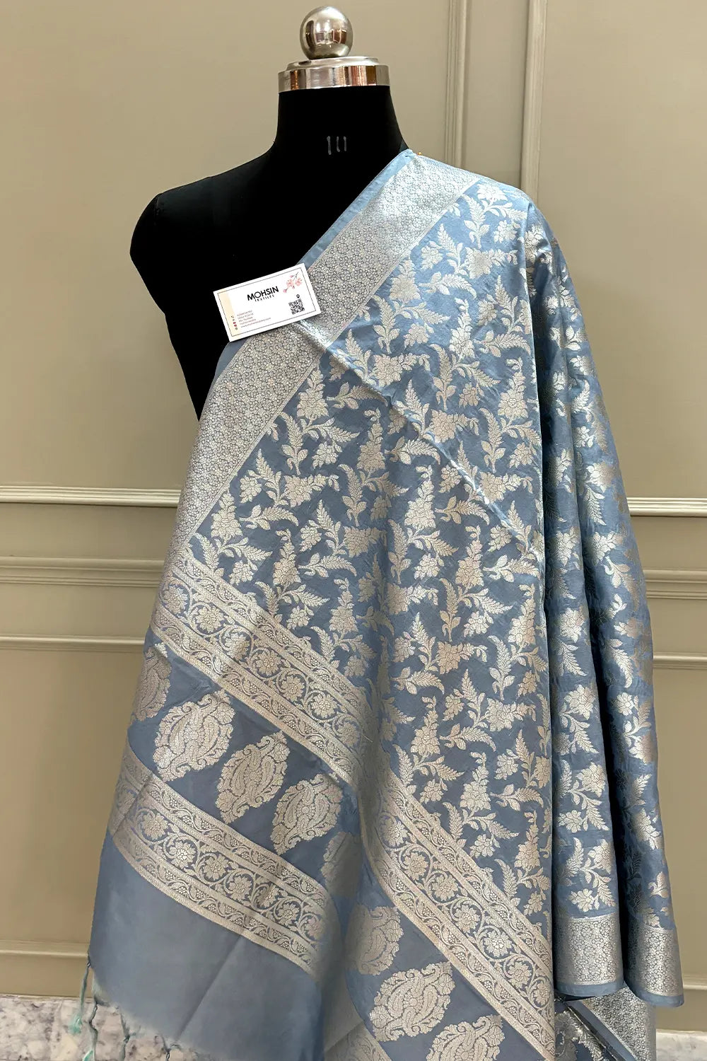 Grey Golden Zari Katan Silk Banarasi Dupatta