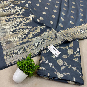 Grey Golden Zari Katan Silk Banarasi Suit