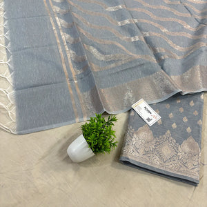 Grey Golden Zari Linen Silk Banarasi Suit