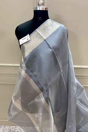 Grey Tarbana Plain Tissue Silk Banarasi Saree