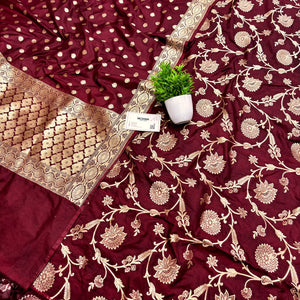 Maroon Golden Zari Katan Silk Banarasi Suit