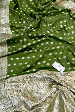 Mehendi Golden Zari Crepe Silk Banarasi Saree
