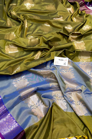 Mehendi and Blue Gulaboo Banarasi Silk Saree