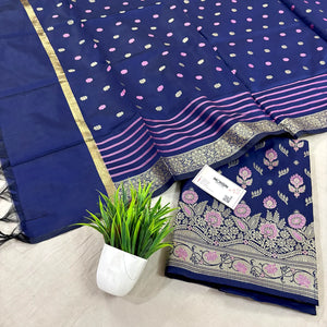 Navy Blue Golden Zari Satin Silk Banarasi Suit