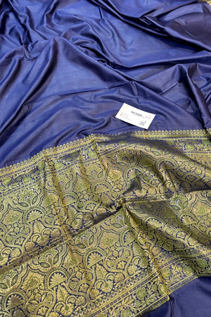 Navy Blue Plain Golden Zari Silky Banarasi Saree