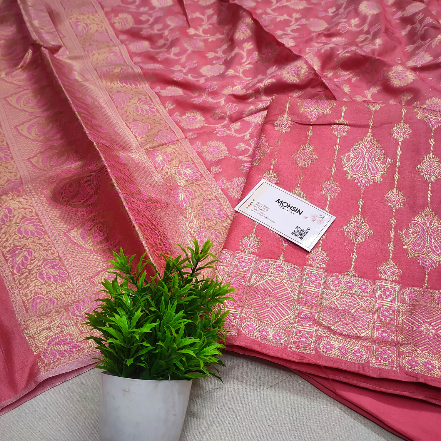 Peach Pink Meena Katan Silk Banarasi Suit
