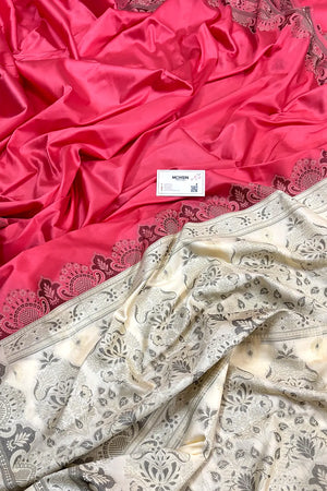 Peach and Beige Plain Resham Silk Banarasi Saree