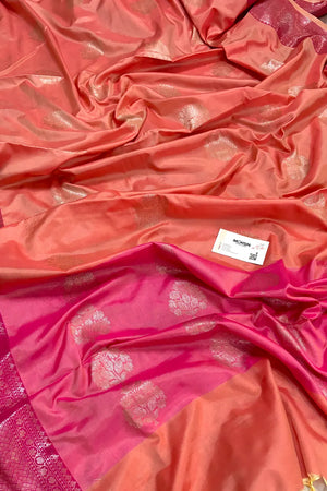Peach and Pink Golden Zari Banarasi Silk Saree