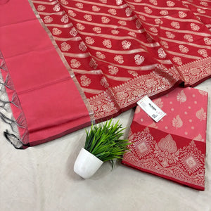 Peach and Red Pankh Buti Satin Silk Banarasi Suit