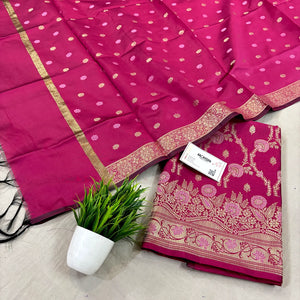 Pink Golden Zari Satin Silk Banarasi Suit
