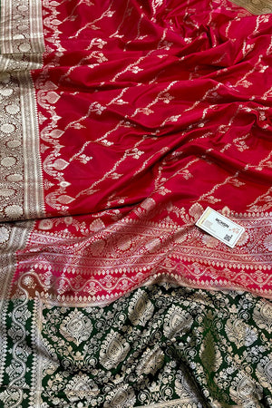 Pink and Bottle Green Golden Zari Katan Silk Banarasi Saree