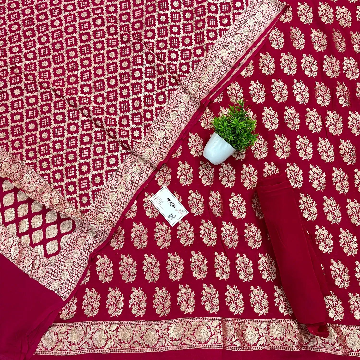 Pinkish Red Golden Zari Georgette Silk Banarasi Suit