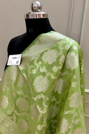 Pista Golden Zari Katan Silk Banarasi Dupatta