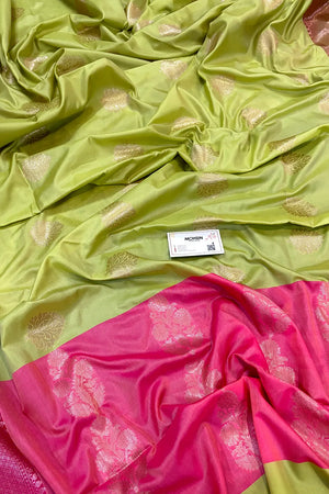 Pista and Pink Golden Zari Banarasi Silk Saree