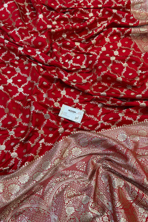 Red Qaidi Buti Katan Silk Banarasi Saree