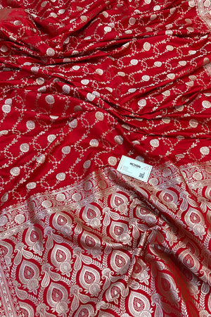 Red Ropeway Jaal Katan Silk Banarasi Saree