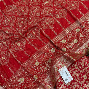 Red Stone Work Kimkhab Silk Banarasi Gharara