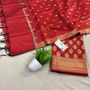Red Tri Phool Satin Silk Banarasi Suit