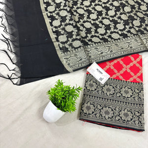 Red and Black Zanjeer Satin Silk Banarasi Suit