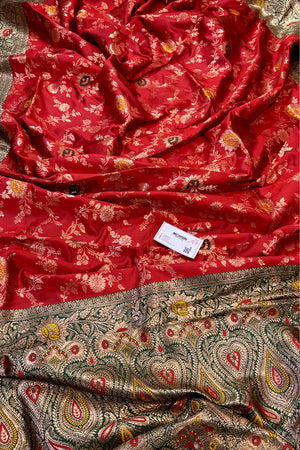 Red and Bottle Green Golden Zari Silky Banarasi Saree