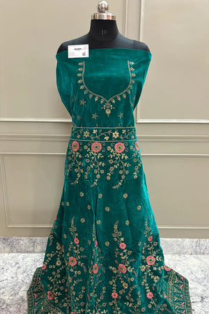 Sea Green and Red Zariwork Semi Stitched Velvet Lahenga