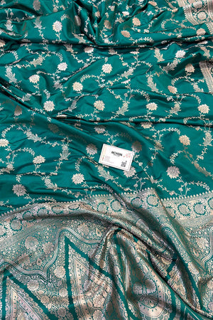Teal Makra Jaal Katan Silk Banarasi Saree