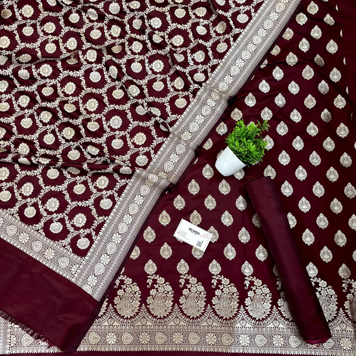 Wine Golden Zari Katan Silk Banarasi Suit