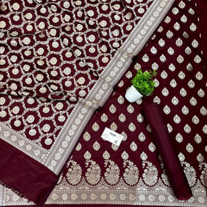 Wine Golden Zari Katan Silk Banarasi Suit