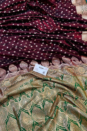 Wine and Green Makkhi Buti Katan Silk Banarasi Saree