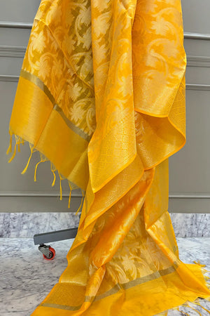 Yellow Golden Zari Banarasi Silk Dupatta
