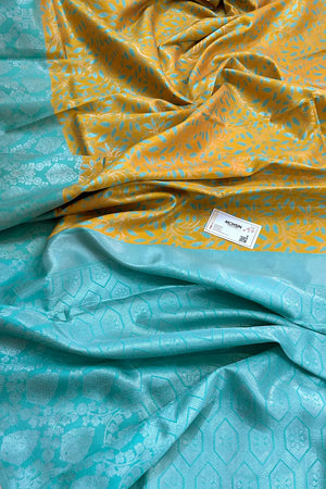 Yellow and Firozi Resham Zari Banarasi Silk Saree