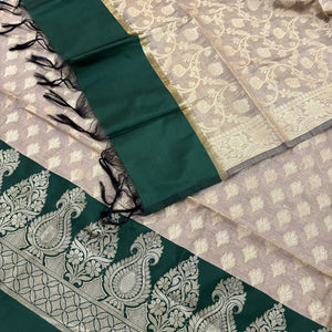 Beige and Bottle Green Kalgha Patta Banarasi Silk Suit