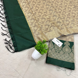 Beige and Bottle Green Kalgha Patta Banarasi Silk Suit