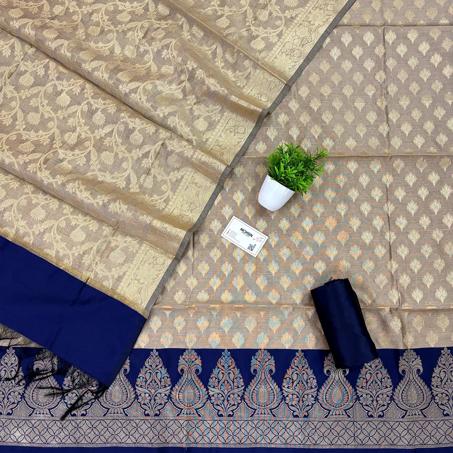 Beige and Navy Blue Kalgha Patta Banarasi Silk Suit