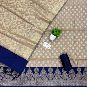 Beige and Navy Blue Kalgha Patta Banarasi Silk Suit
