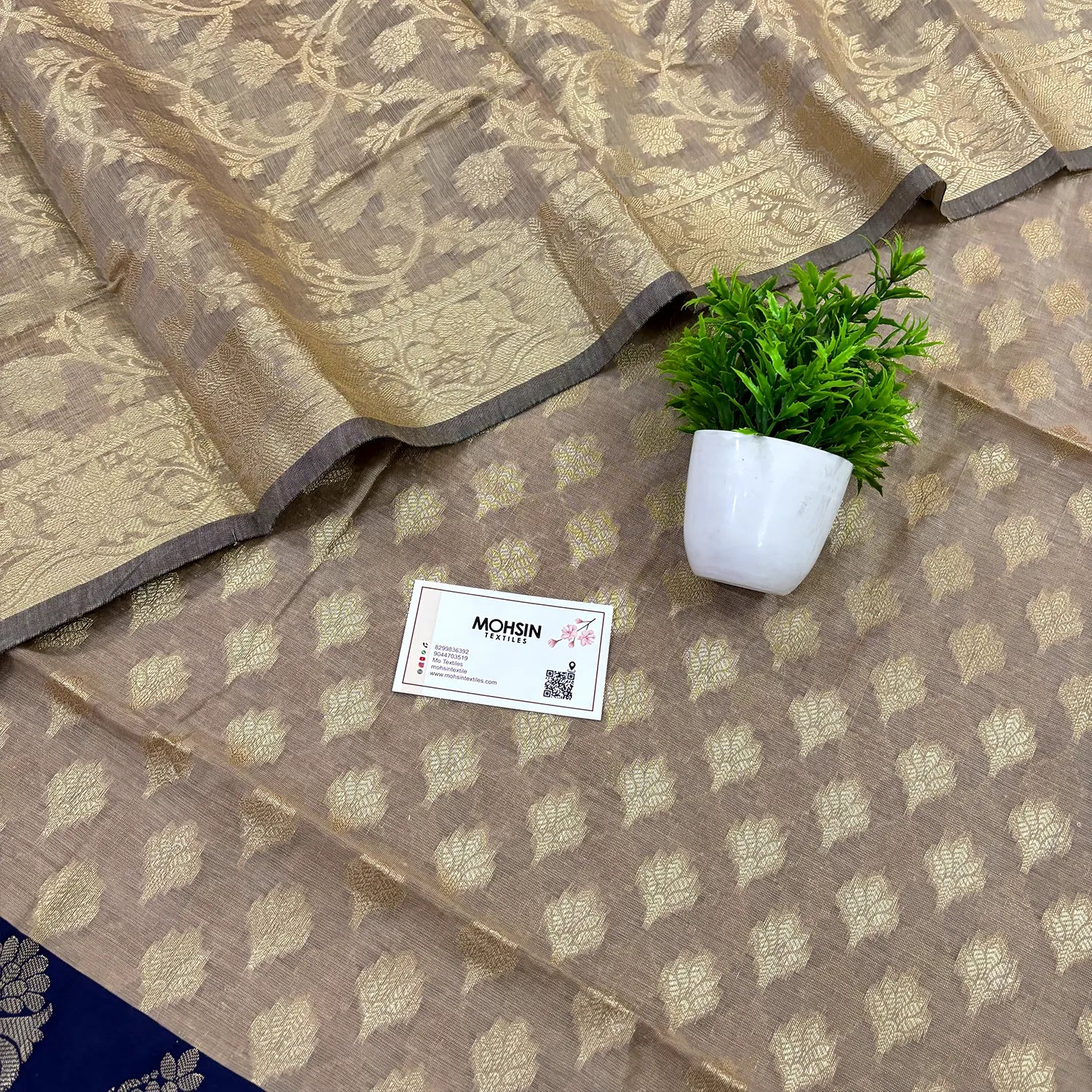 Beige and Navy Blue Kalgha Patta Banarasi Silk Suit