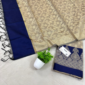Beige and Navy Blue Kalgha Patta Banarasi Silk Suit