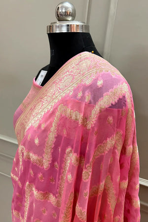 Baby Pink Golden Zari Georgette Silk Banarasi Saree